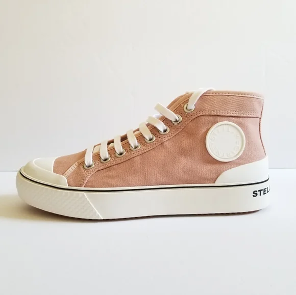 Stella McCartney Cotton Lace Up Sneakers Size 39 White Tan - Picture 3 of 11